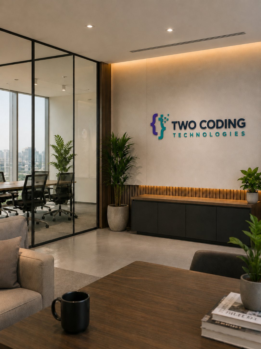 Two Coding Technologies office reception with the Two Coding logo on the wall