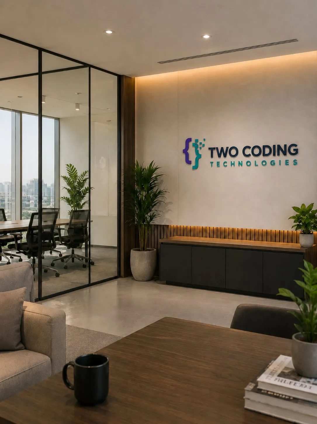 Modern Two Coding Technologies office workspace with the company logo